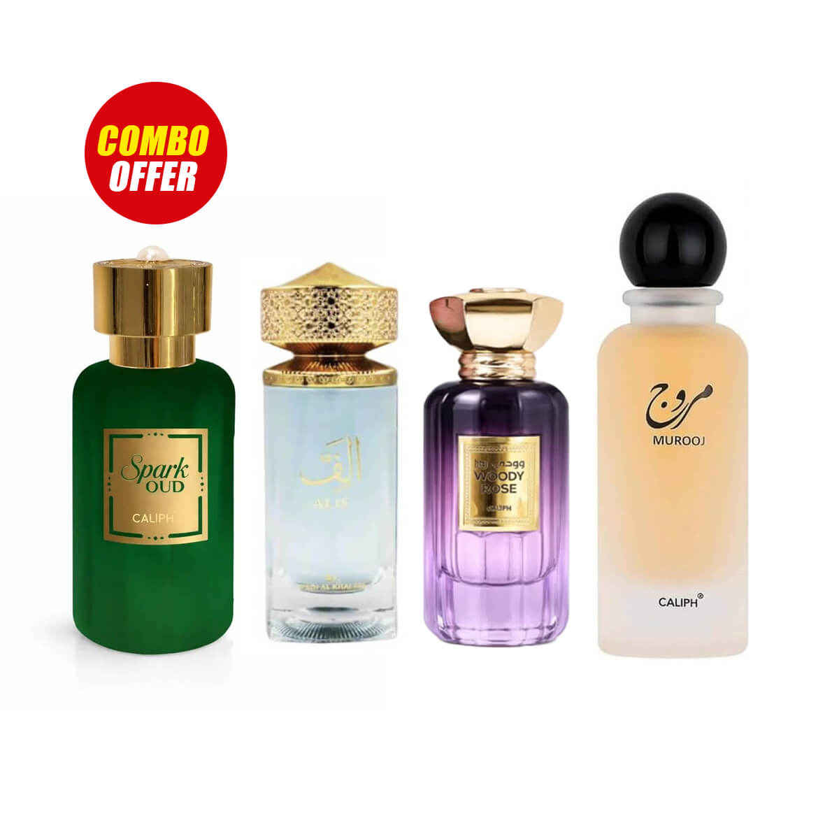 Caliph Woody Rose, Murooj, Spark Oud, Alif Perfume (4 Pcs Combo Bundle)