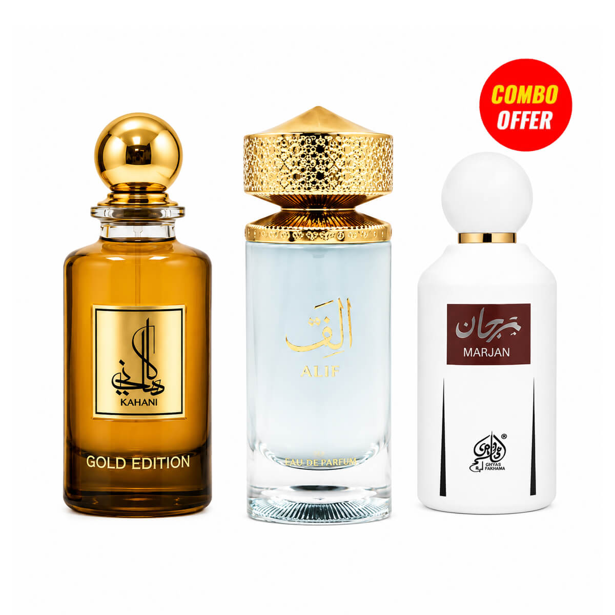 Wadi Al Khaleej Marjan, Alif, Kahani Perfume (3 Items Combo Bundle)