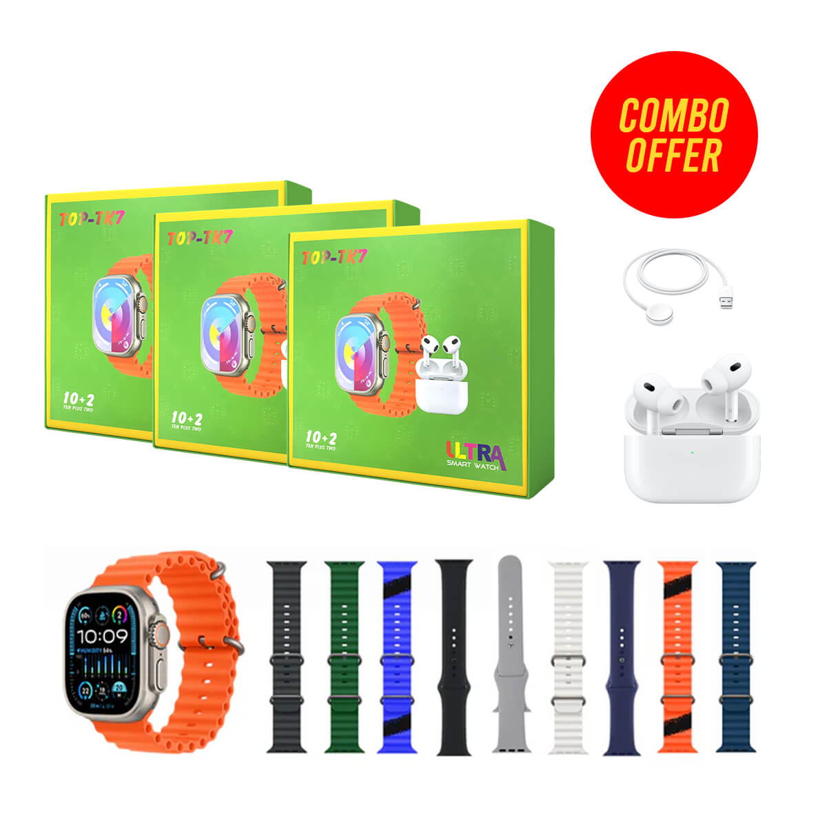 Top-TK7 Ultra Smartwatch with 10+2 Strap (3 PCS Combo Bundle)
