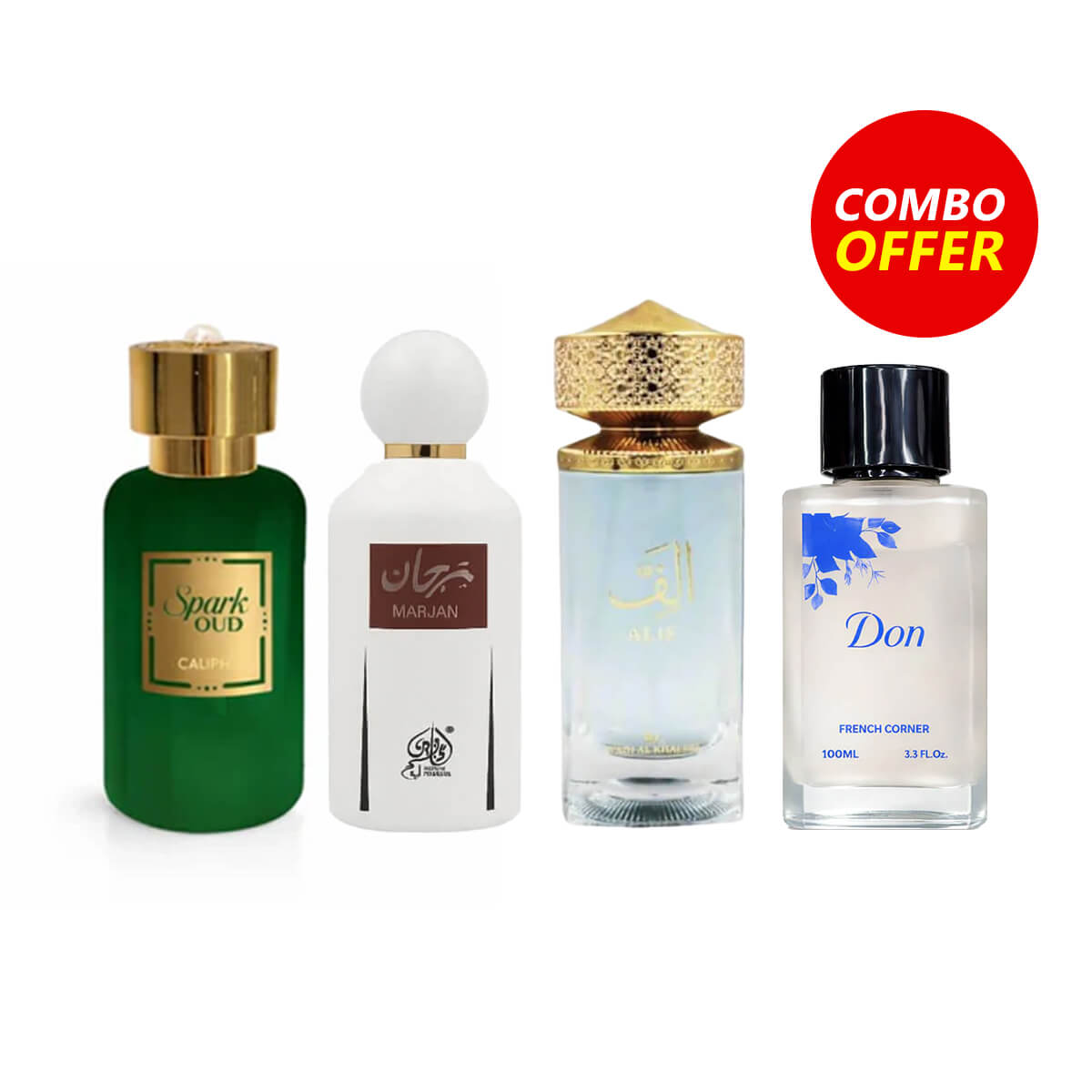Marjan, Spark Oud, Alif, Don Perfume (4 Items Combo Bundle)