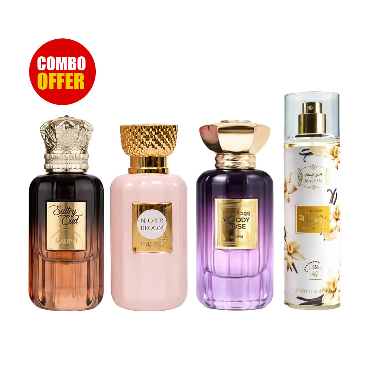 Caliph Sultry Oud, Noir Bloom, Woody Rose, Maryam Body Mist Perfume (4 Pcs Combo Bundle)