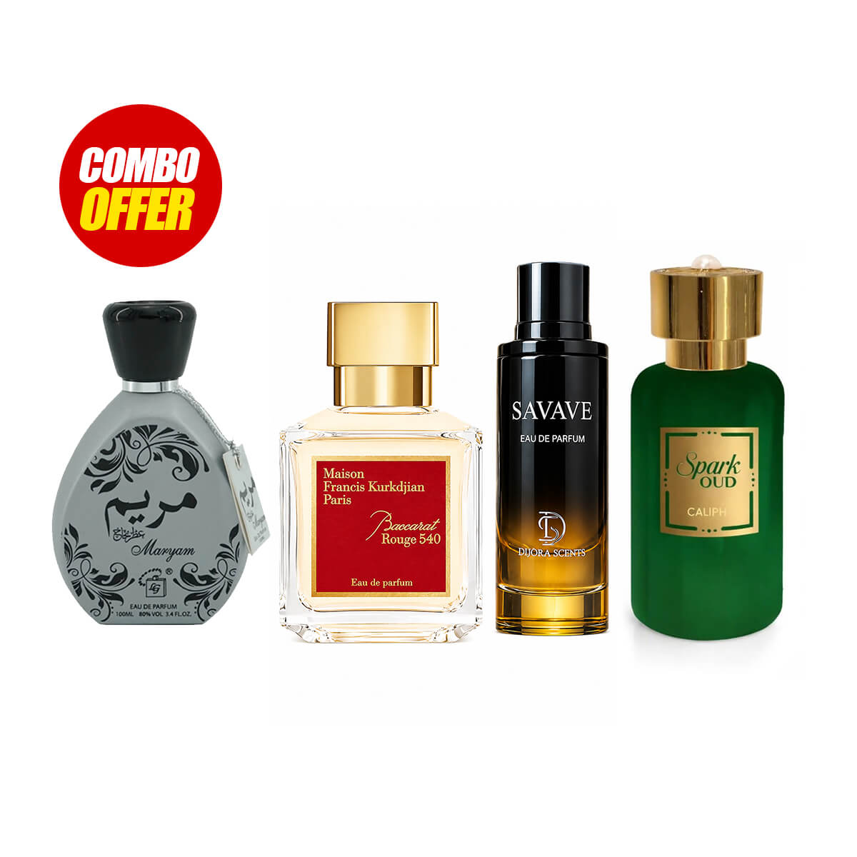 Savave, Barqat Rouge 450, Spark Oud, Maryam Perfume (4 Pcs Combo Bundle)