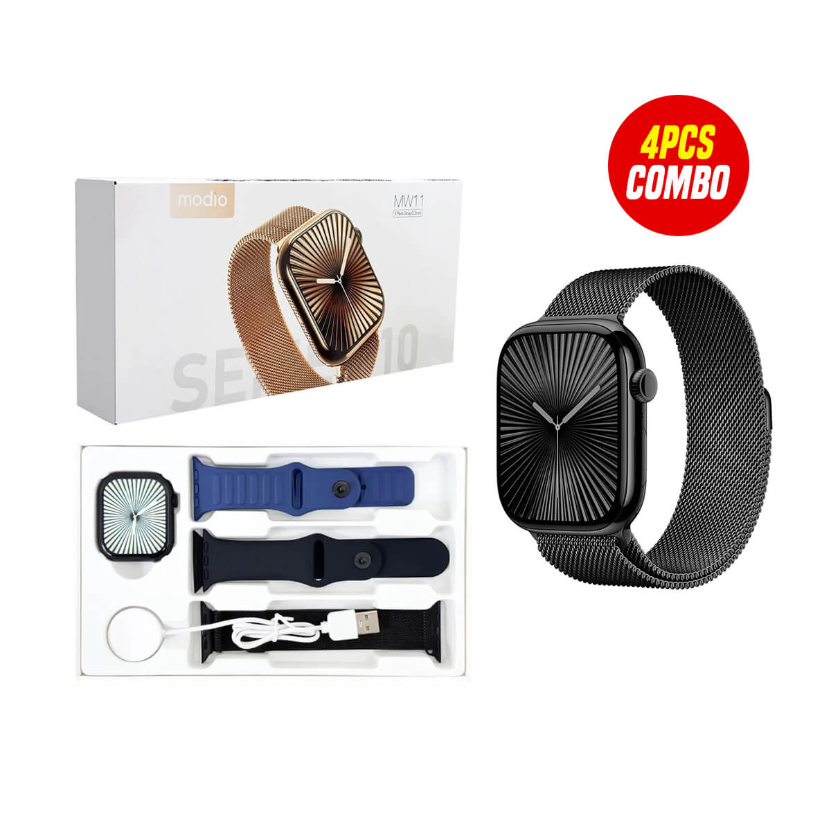 Modio Series 10 MW11 Smartwatch 3 Pairs Strap (4 Pcs Combo Bundle)