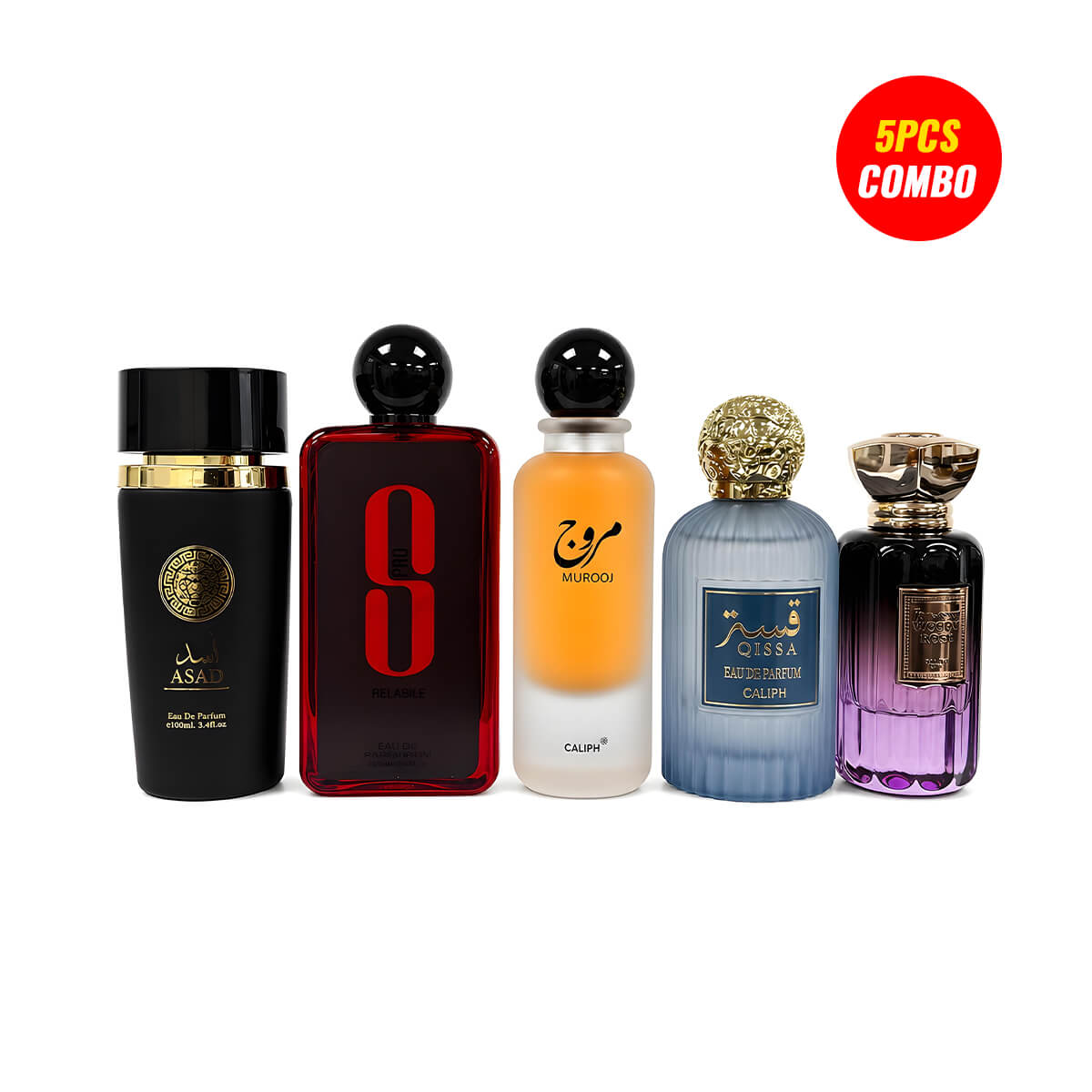 Qissa Empower Valley, 8 Pro Relable, Burooj, Woody Rose, Asad (5 Pcs Combo Bundle)