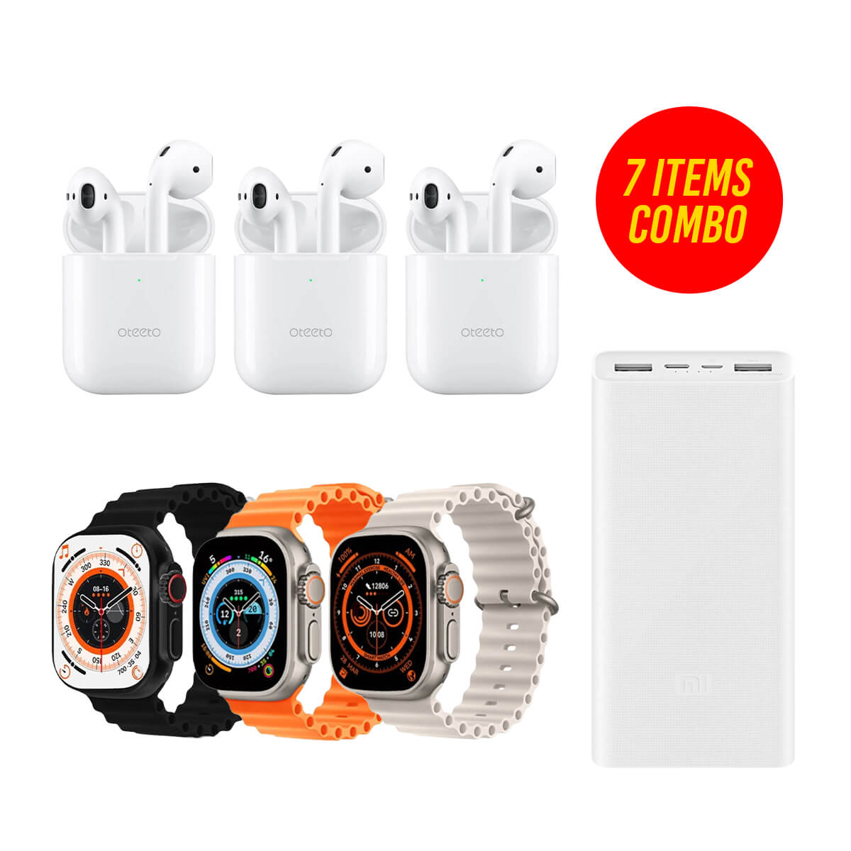 T900 Ultra Smartwatch 3 PCS, Oteeto OT102 AirPods 3 PCS, Mi 20000mAh Power Bank