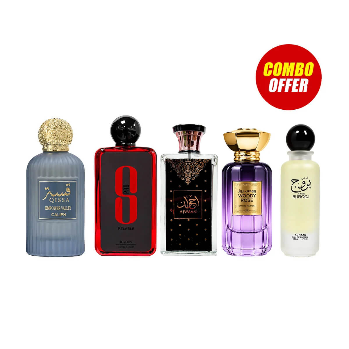 Qissa Empower Valley, 8 Pro Relable, Burooj, Woody Rose, Ajwaan (5 Pcs Combo Bundle)