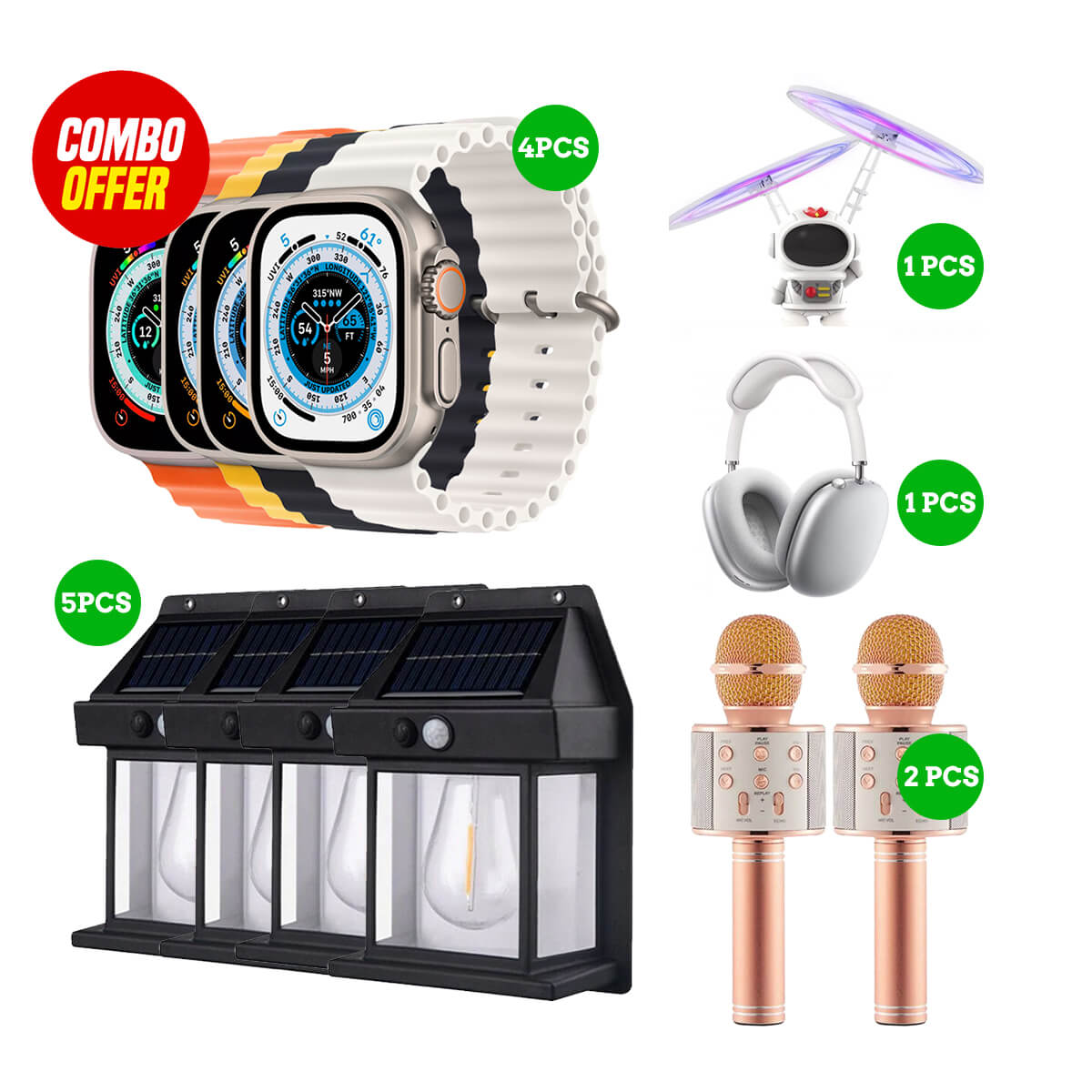 Smartwatch, Solar Light, Mic, Toy, Headset Mix Combo Bundle