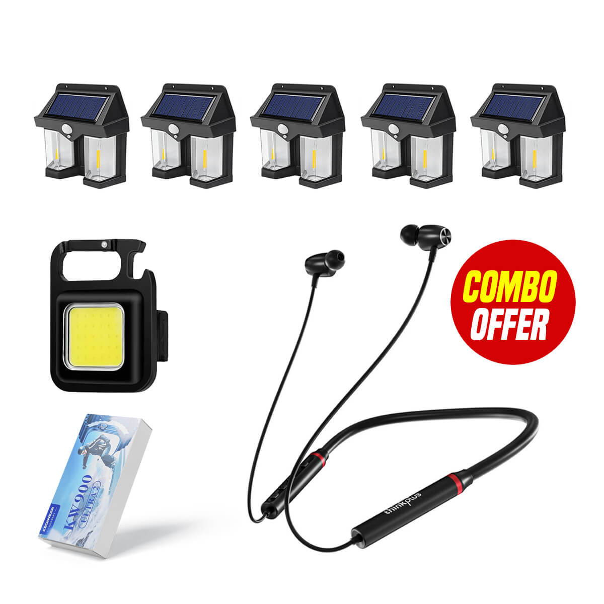 Smartwatch, Earphones, Solar Light, LED Flashlight Mix Combo Bundle