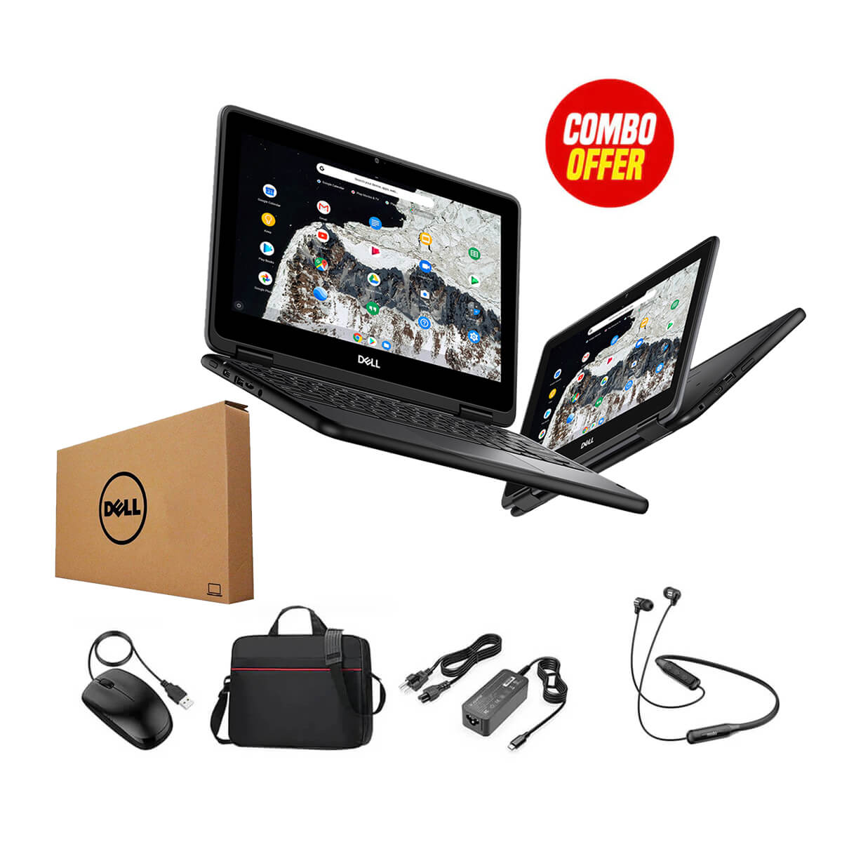 Used Dell Chromebook 3100 X360 (4GB RAM + 32GB Memory) Touch Screen Box (3 Items Combo Bundle)