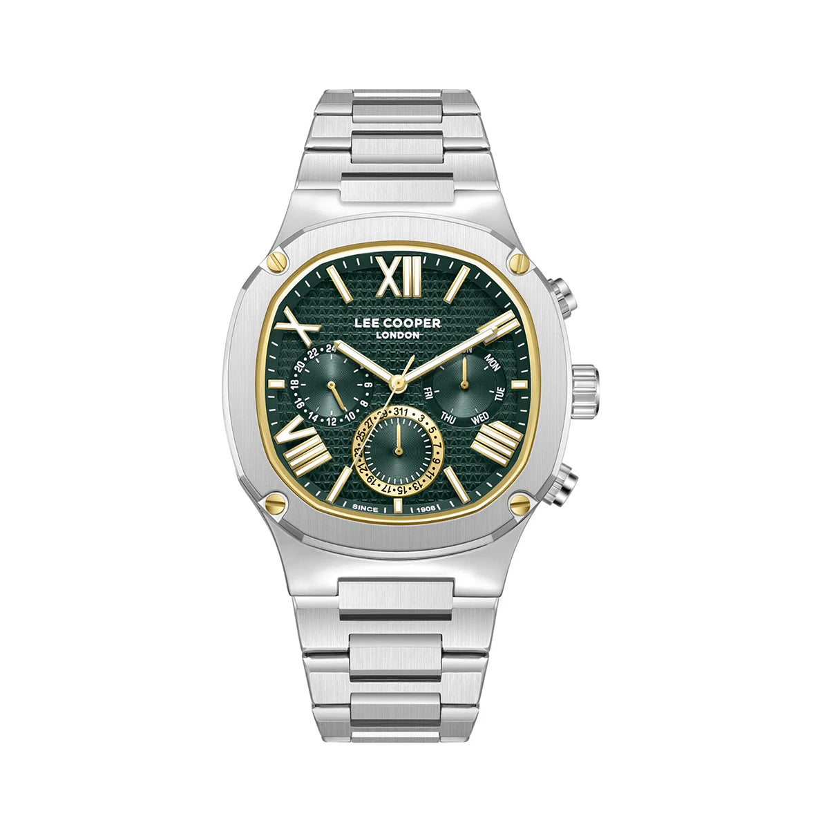 Lee Cooper Gents Multifunction Silver Case Silver Metal Band Dark Green Dial LC08146.390