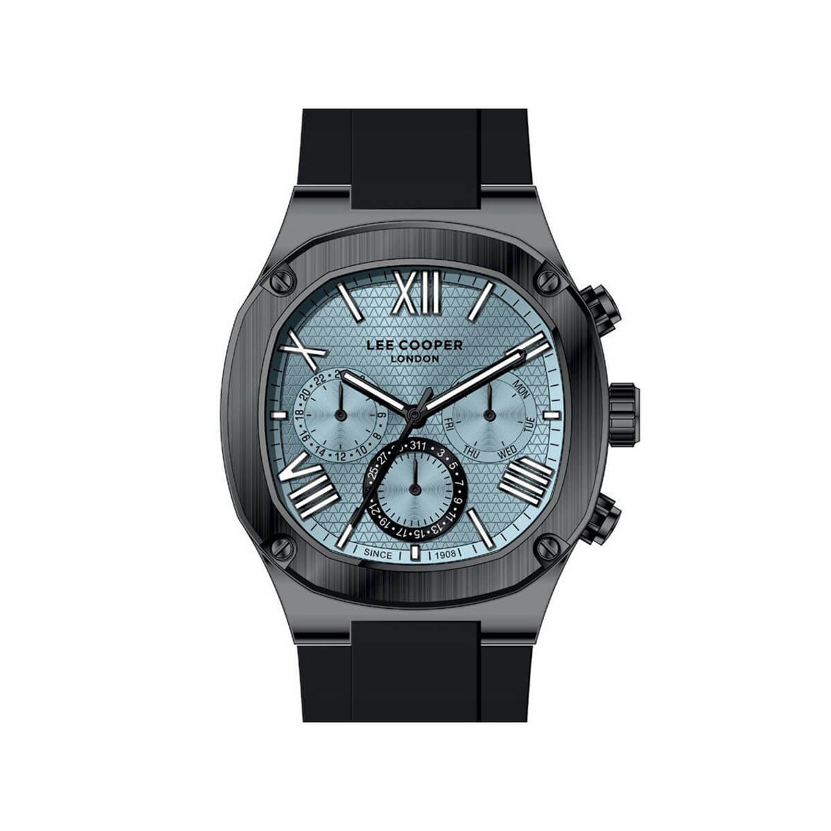Lee Cooper Gents Multifunction Gun Case Black Silicone Band Light Blue Dial LC08150.001
