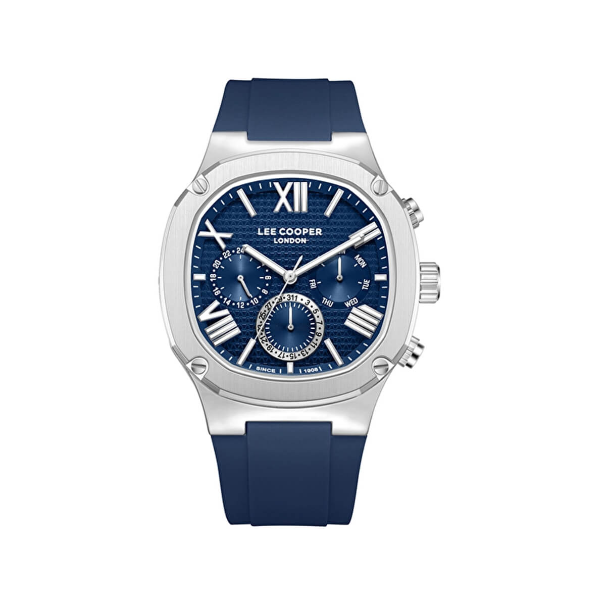 Lee Cooper Gents Multifunction Silver Case Dark Blue Silicone Band Dark Blue Dial LC08150.399