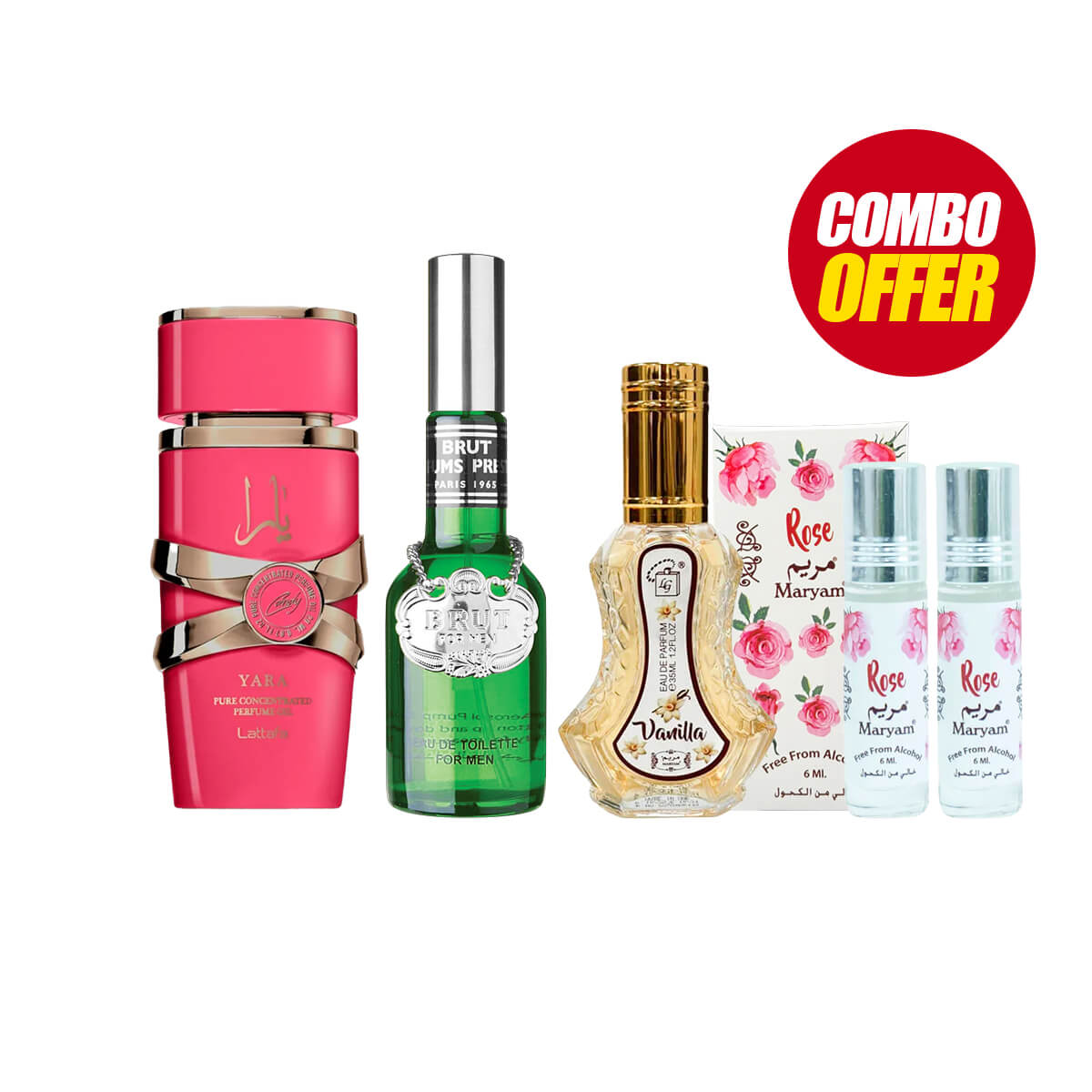 Lattafa Yara Candy + Brut + Maryam Perfume + Lotion (5 Pcs Combo Bundle)
