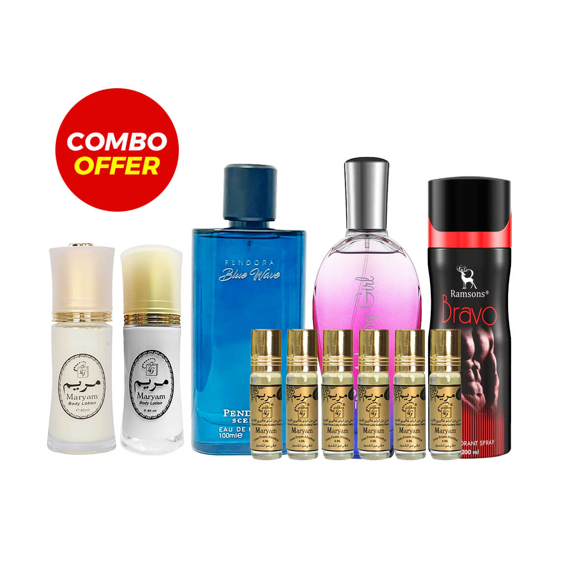 Maryam Lotion, Maryam Roll Oil, Blue Wave, Mystery Girl, Bravo Deodorant (11 Items Combo)