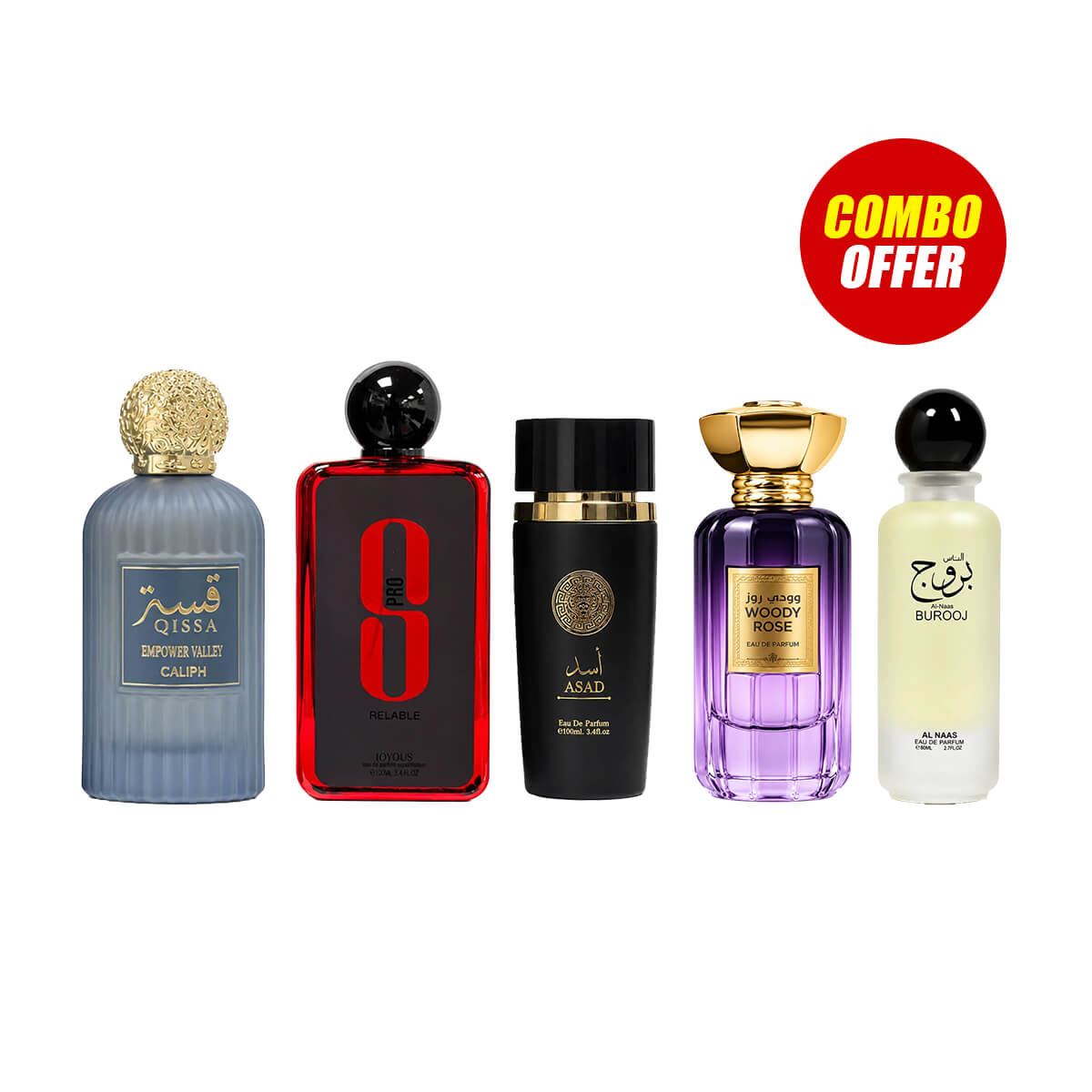 Qissa Empower Valley, 8 Pro Relable, Burooj, Woody Rose, Asad (5 Pcs Combo Bundle)