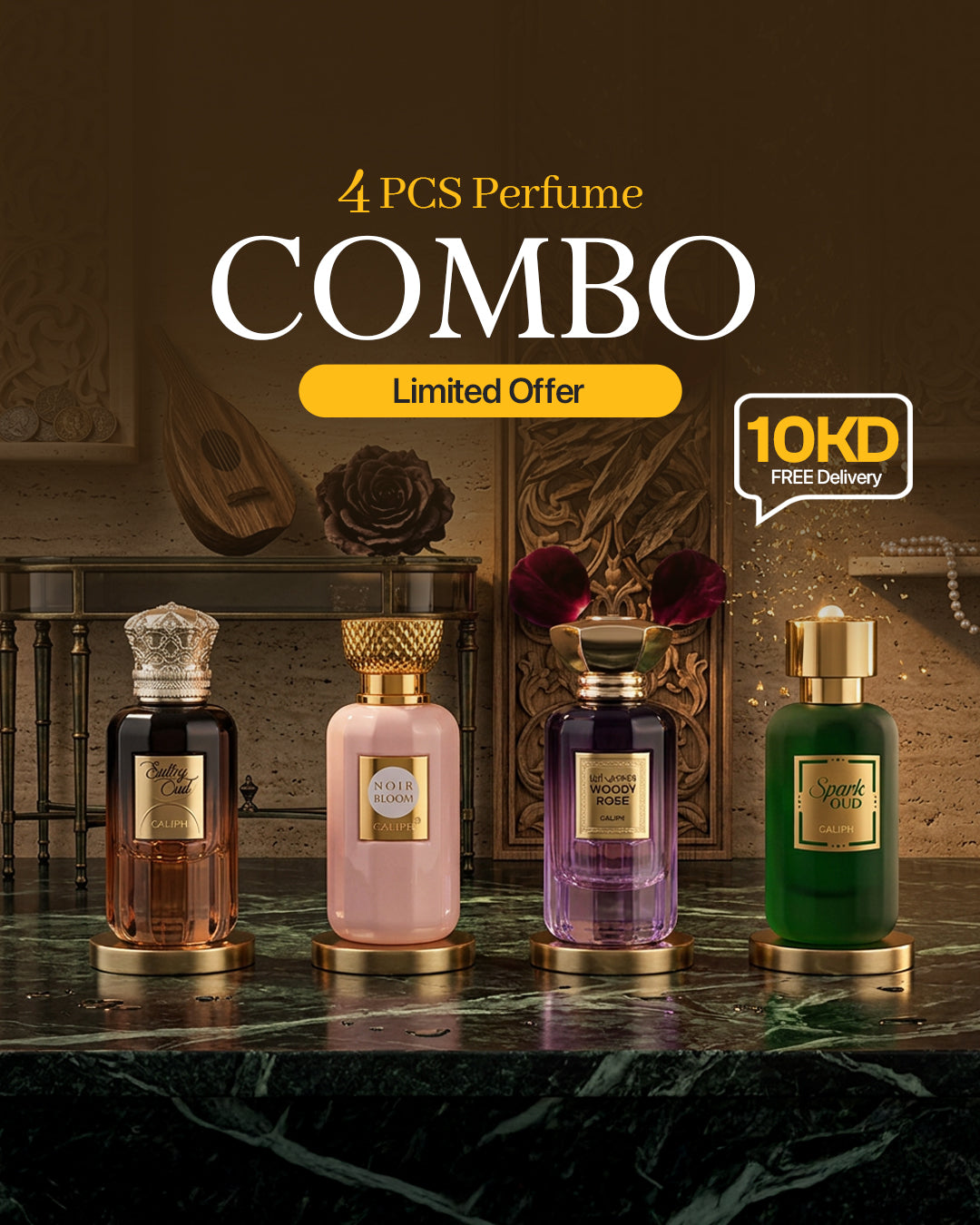 Caliph Sultry Oud, Noir Bloom, Woody Rose, Spark Oud Perfume (4 Pcs Combo Bundle)