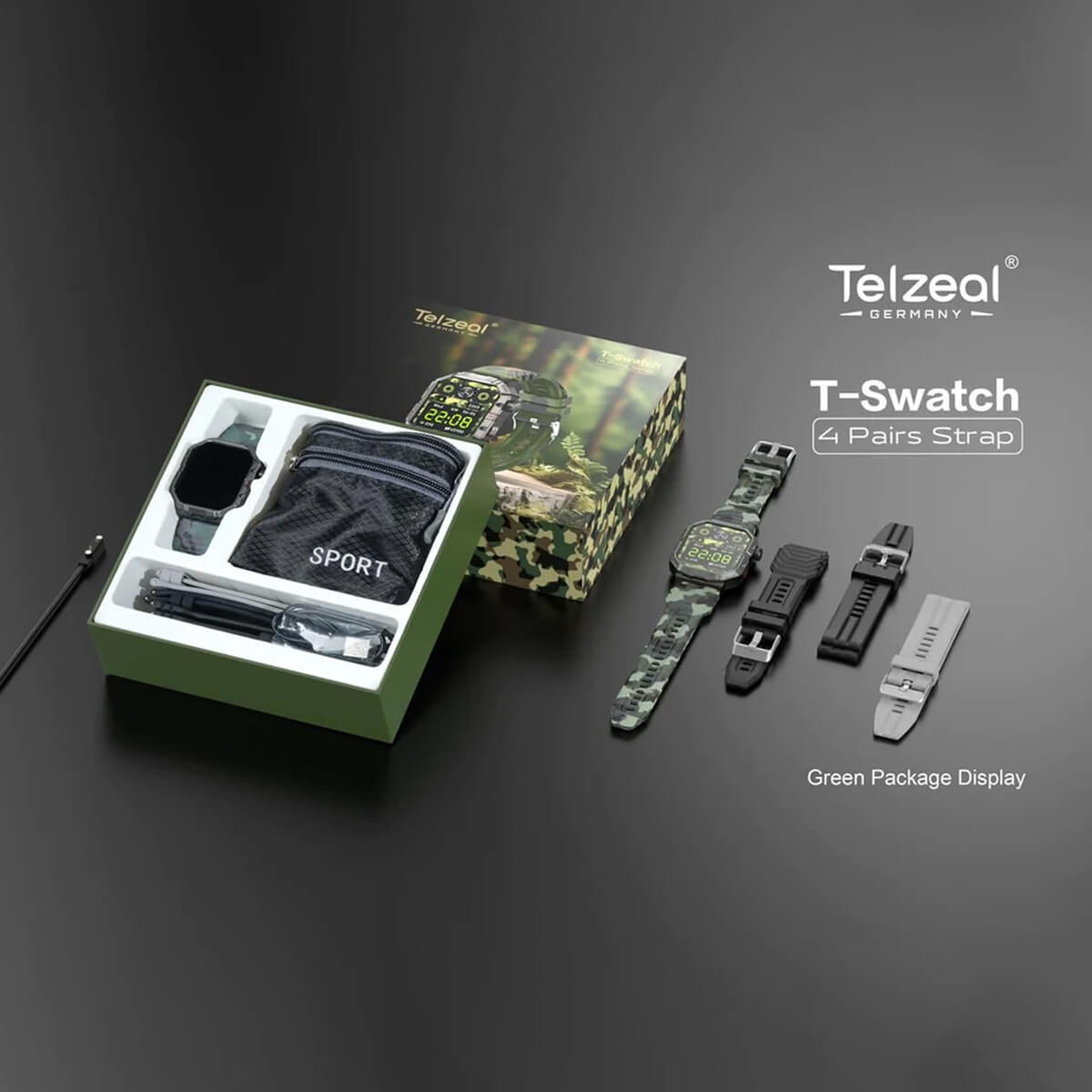 Telzeal T-Swatch with 4 Pairs Strap & Belt Bag with Z66 Pro Smartwatch - Green