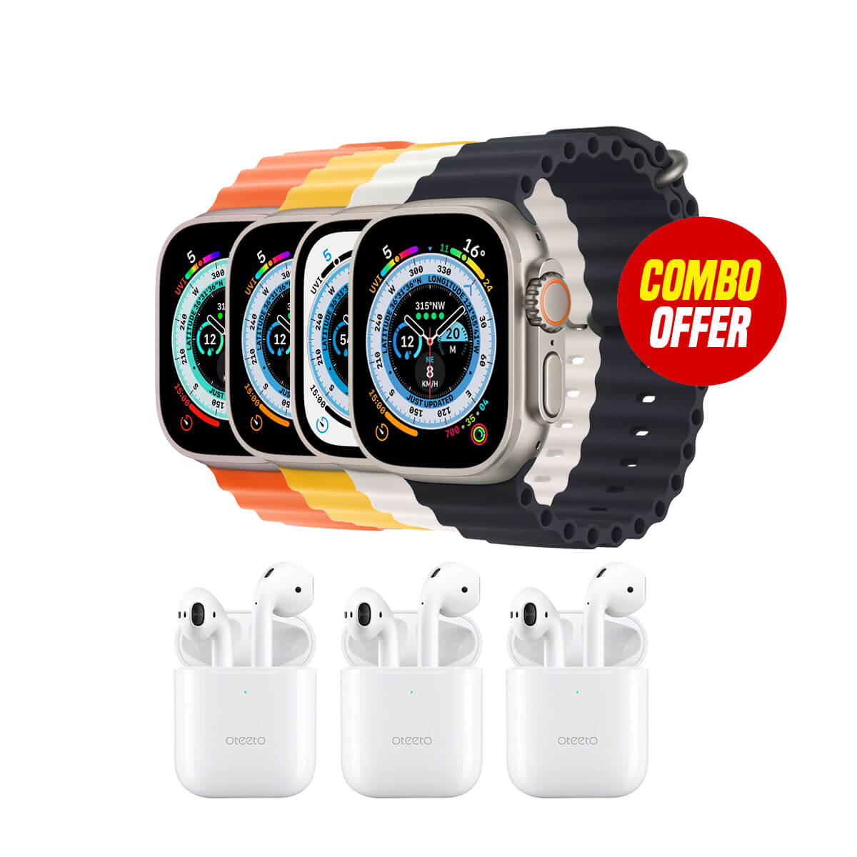 T800 Ultra 2 Smartwatch 5 PCS and Oteeto AirPods OT102 3 Pcs Mix Combo Bundle