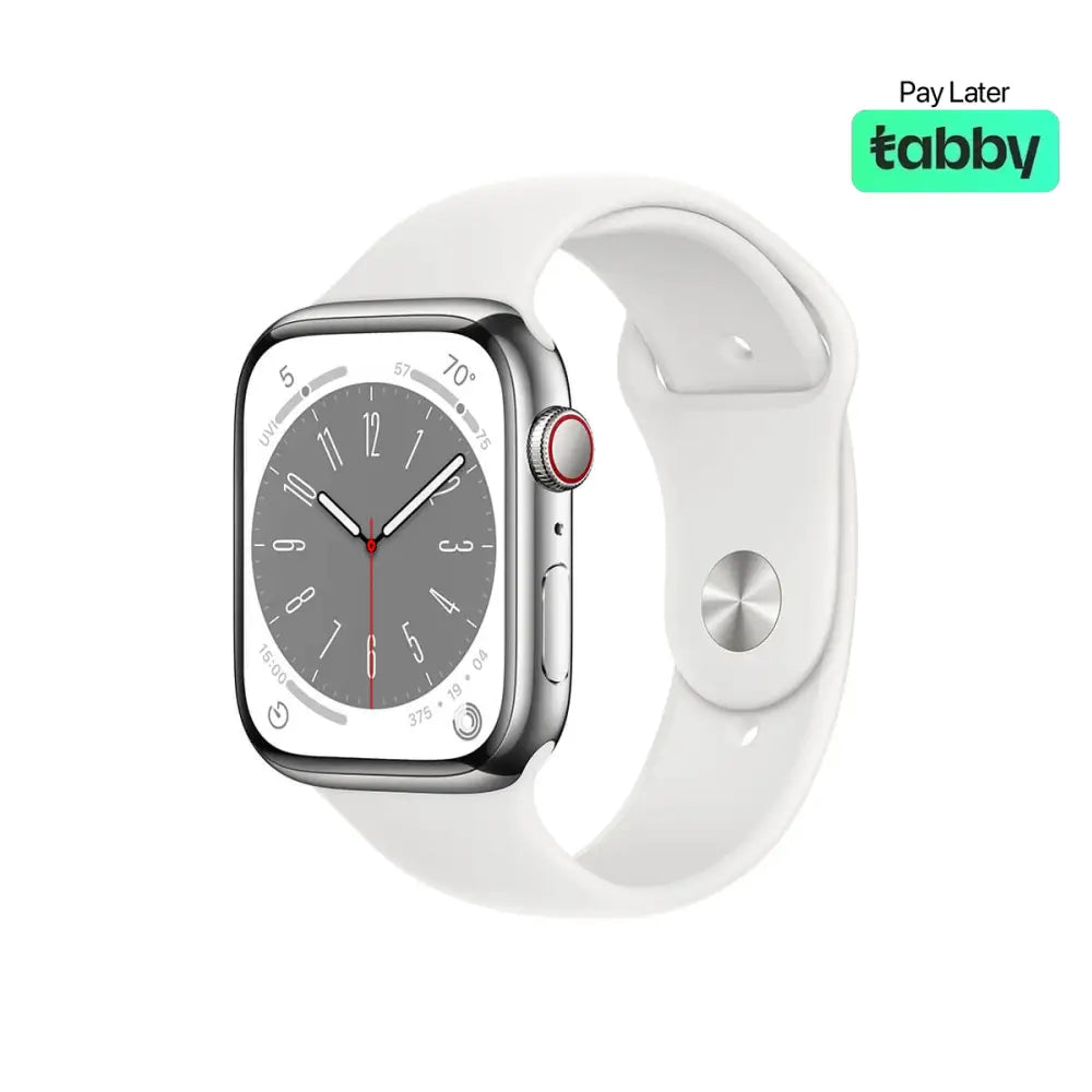 Apple Watch Series 8 45mm (GPS + Cellular) Silver Stainless Steel Case White Sport Band