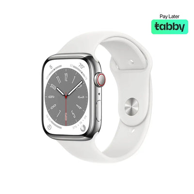 Apple Watch Series 8 45mm (GPS + Cellular) Silver Stainless Steel Case White Sport Band