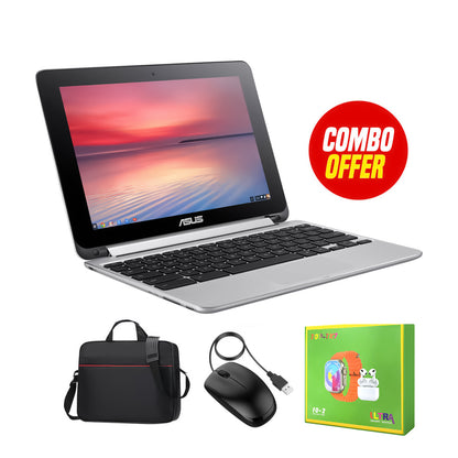 جهاز Chromebook Flip C100P من Asus بسعة 4 جيجابايت وذاكرة 16 جيجابايت (حزمة مكونة من 3 عناصر)