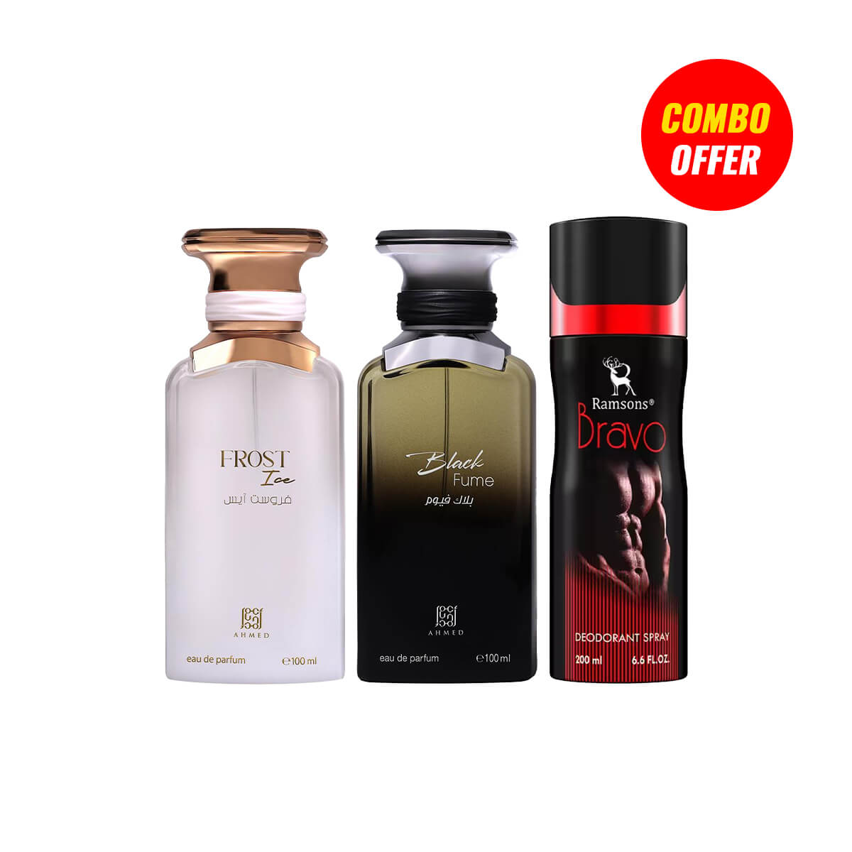 Ahmed Al Maghribi Frost Ice & Black Fume Perfume Combo, Free Deodorant