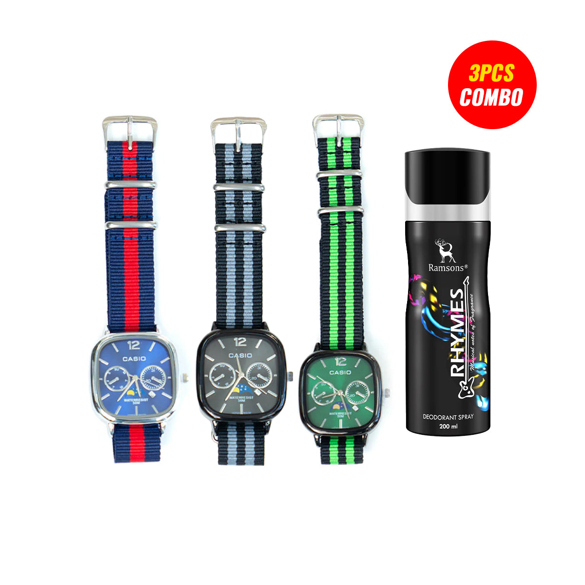 Casio Quartz Moonrise Dial Nylon Braided Strap Watch (3 Pcs Combo Bundle)