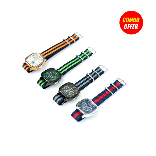 Casio Quartz Moonrise Dial Nylon Braided Strap Watch (4 Pcs Combo Bundle)