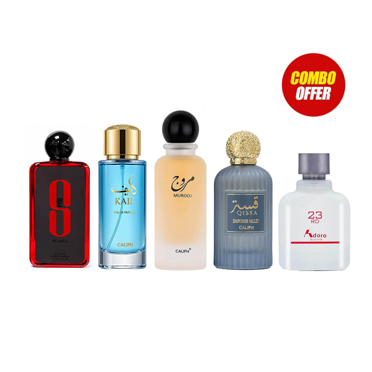 Joyous 8 Pro Relable, Kaif, Murooj, Qissa Empower Valley, 23rd Perfume (5 Pcs Combo Bundle)