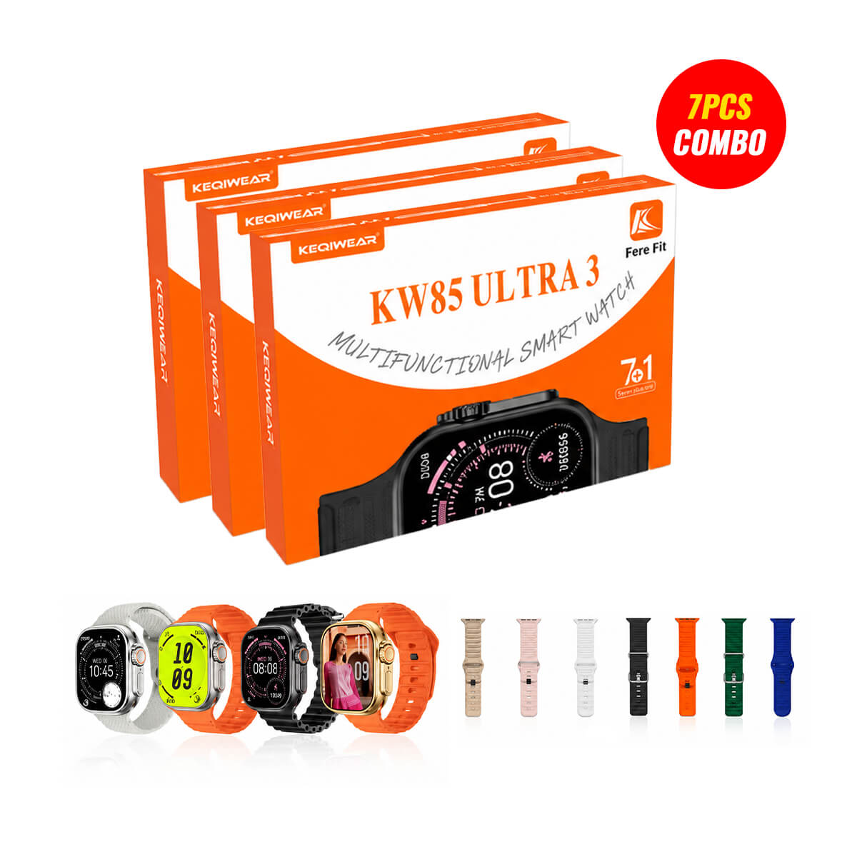 Keqiwear KW85 Ultra 3 7 Strap Smartwatch (7 Pcs Combo Bundle)