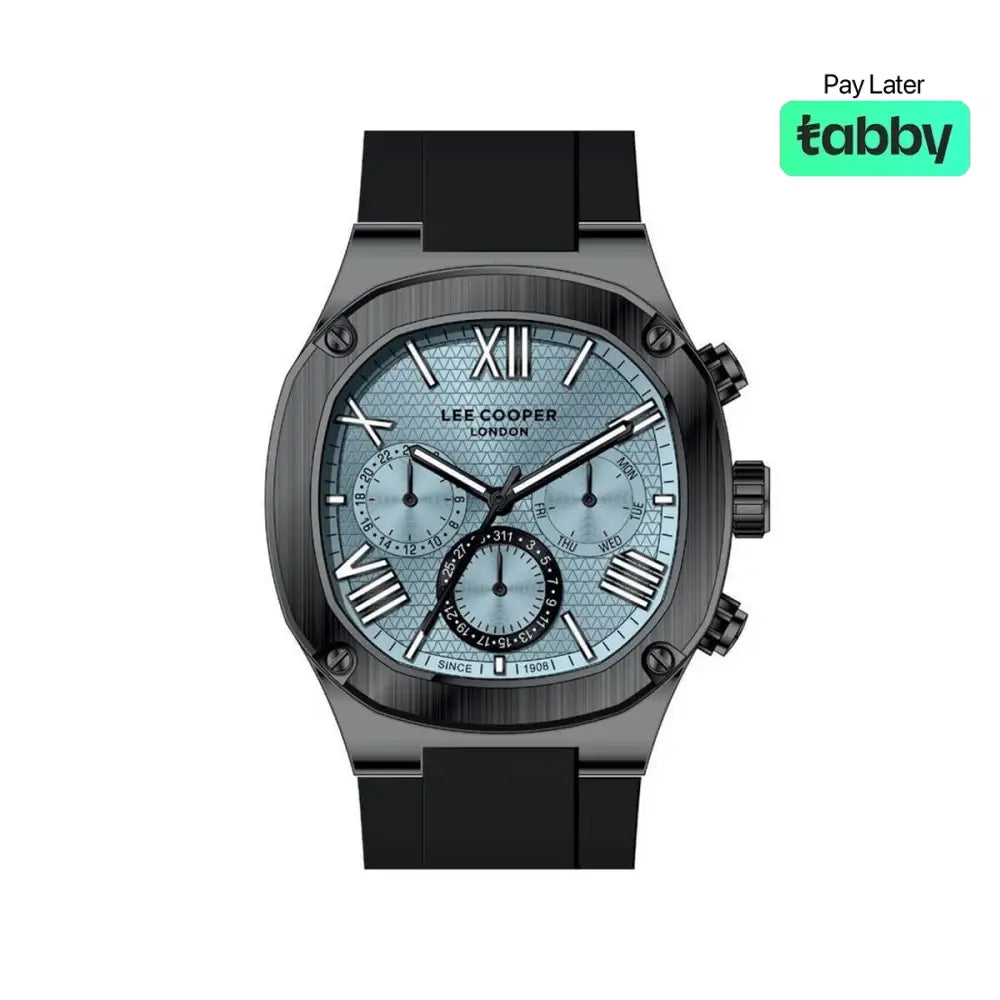 Lee Cooper Gents Multifunction Gun Case Black Silicone Band Light Blue Dial LC08150.001