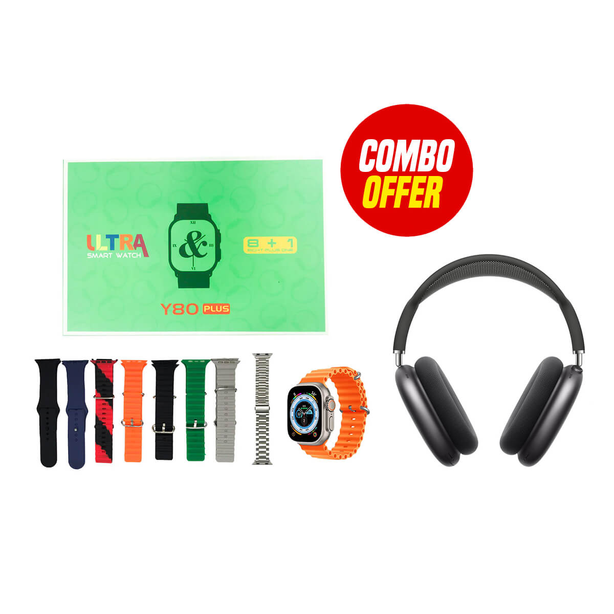 Y80 Plus Smartwatch 8+1 (5 PCS Combo Bundle) with Free P9 Headphone